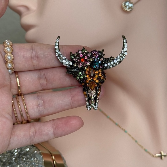 ⚜️❤️‍🔥 Western Longhorn Multicolor Brooch With  Crystals 🤘💎 - Picture 3 of 8